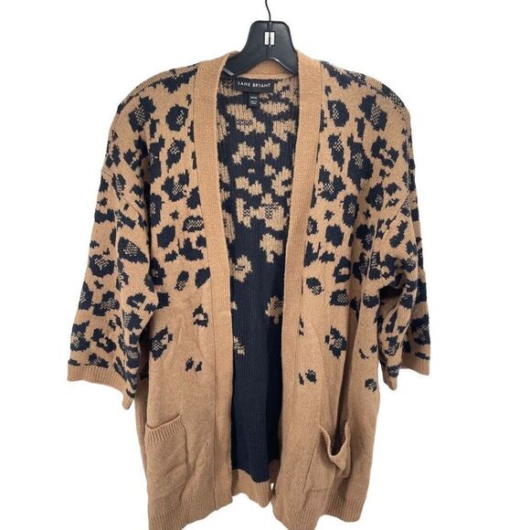 Lane Bryant longline Cardigan Sweater Open Front Leopard print Tan Black 14 16 - Picture 10 of 10